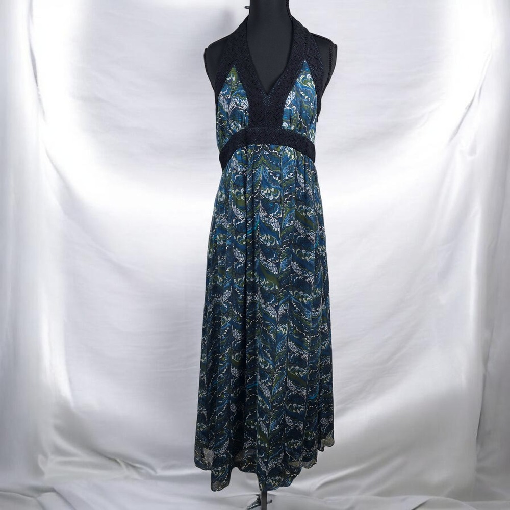 Spenser Jeremy Silk Halter Maxi Dress Woman 10 Peacock Print Crochet Trim Blue